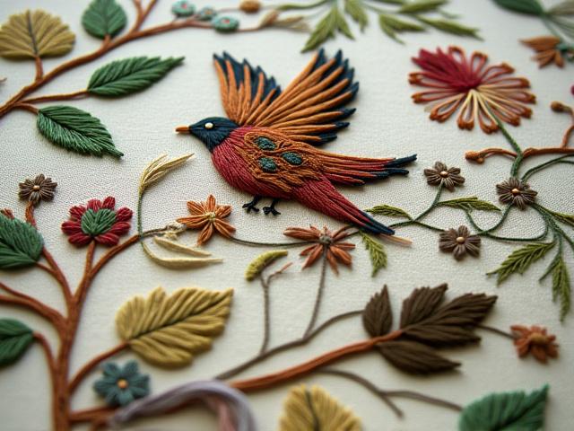 Hand-embroidered tapestry with intricate nature motifs